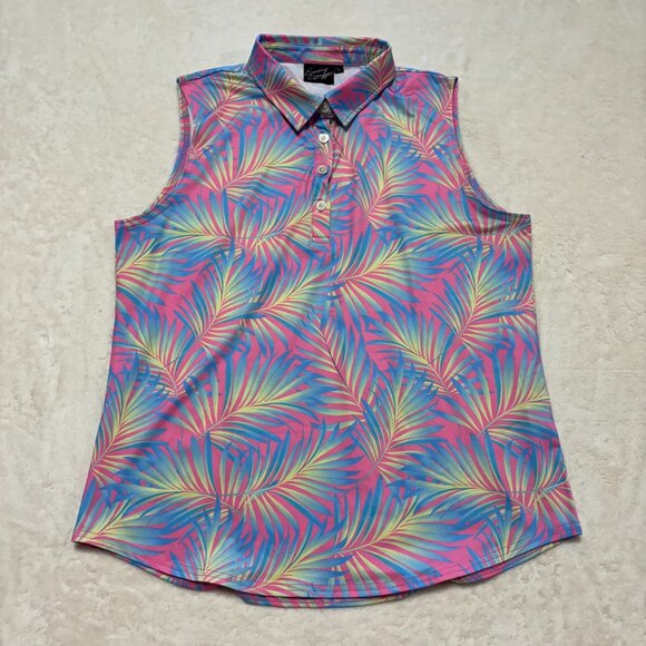 Sunday Swagger Tops - Sunday Swagger Womens Large Golf Polo Floral Leaves Sleeveless Multicolored